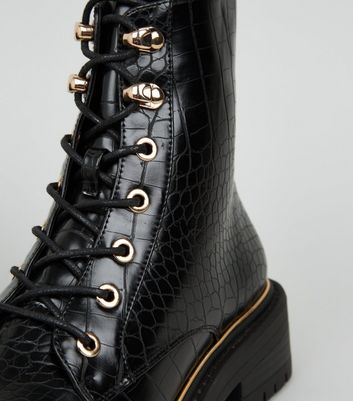 black faux croc chunky lace up boots