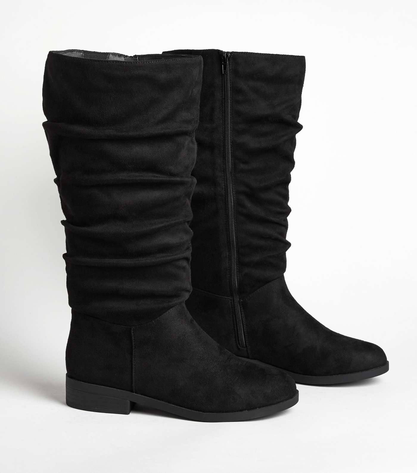 Extra Calf Fit Black Slouch Knee High Flat Boots 
