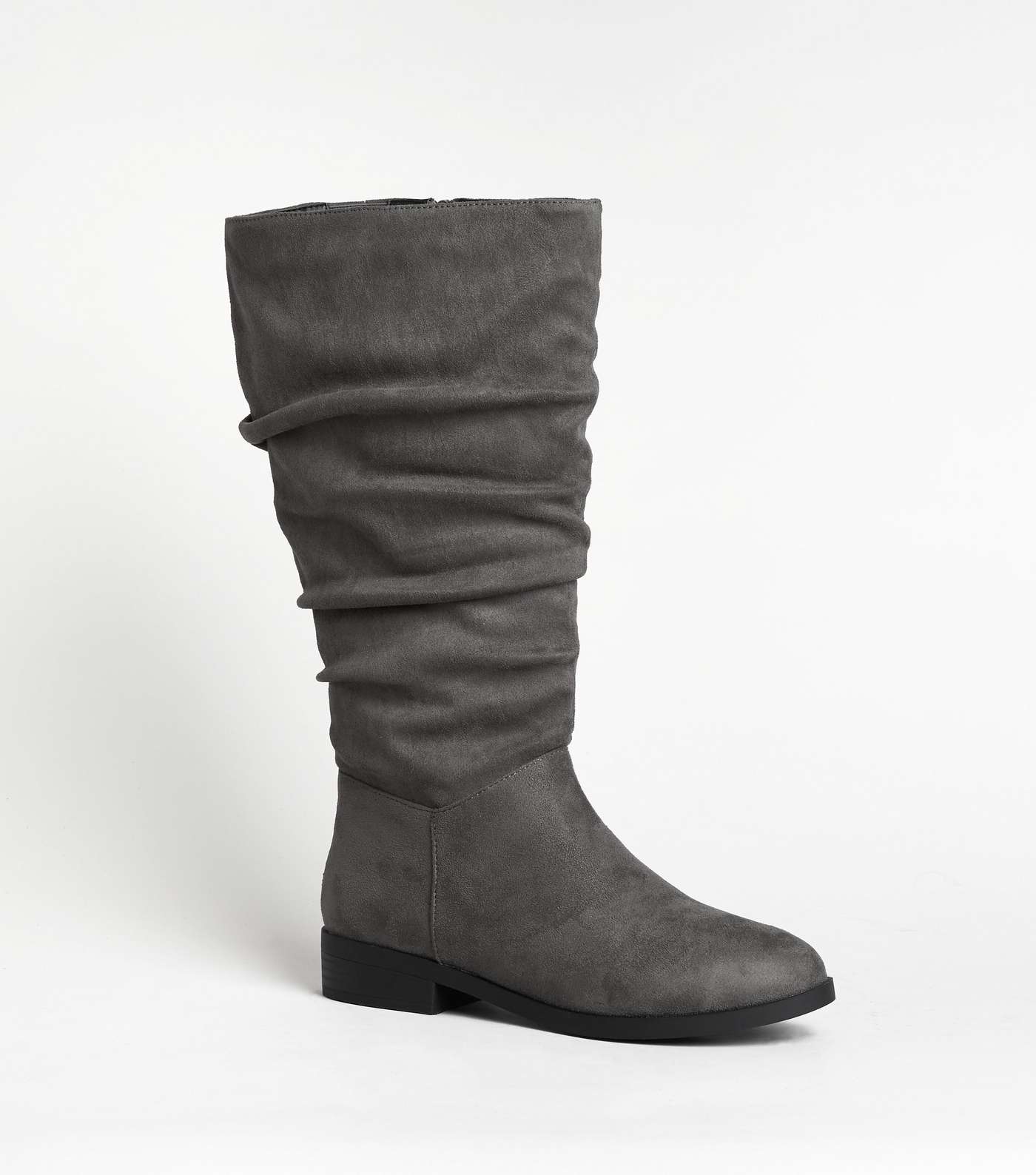 Extra Calf Fit Grey Slouch Knee High Flat Boots 