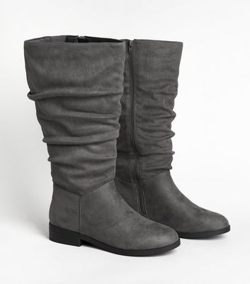 Image of Extra Calf Fit Grey Slouch Knee High Flat Boots New Look Vegan