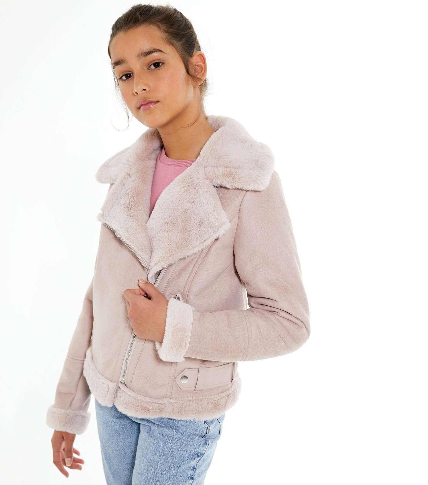 Girls Pale Pink Faux Fur Lined Aviator Jacket