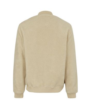 Image of Cream Borg Ribbed Trim Bomber Jacket New Look