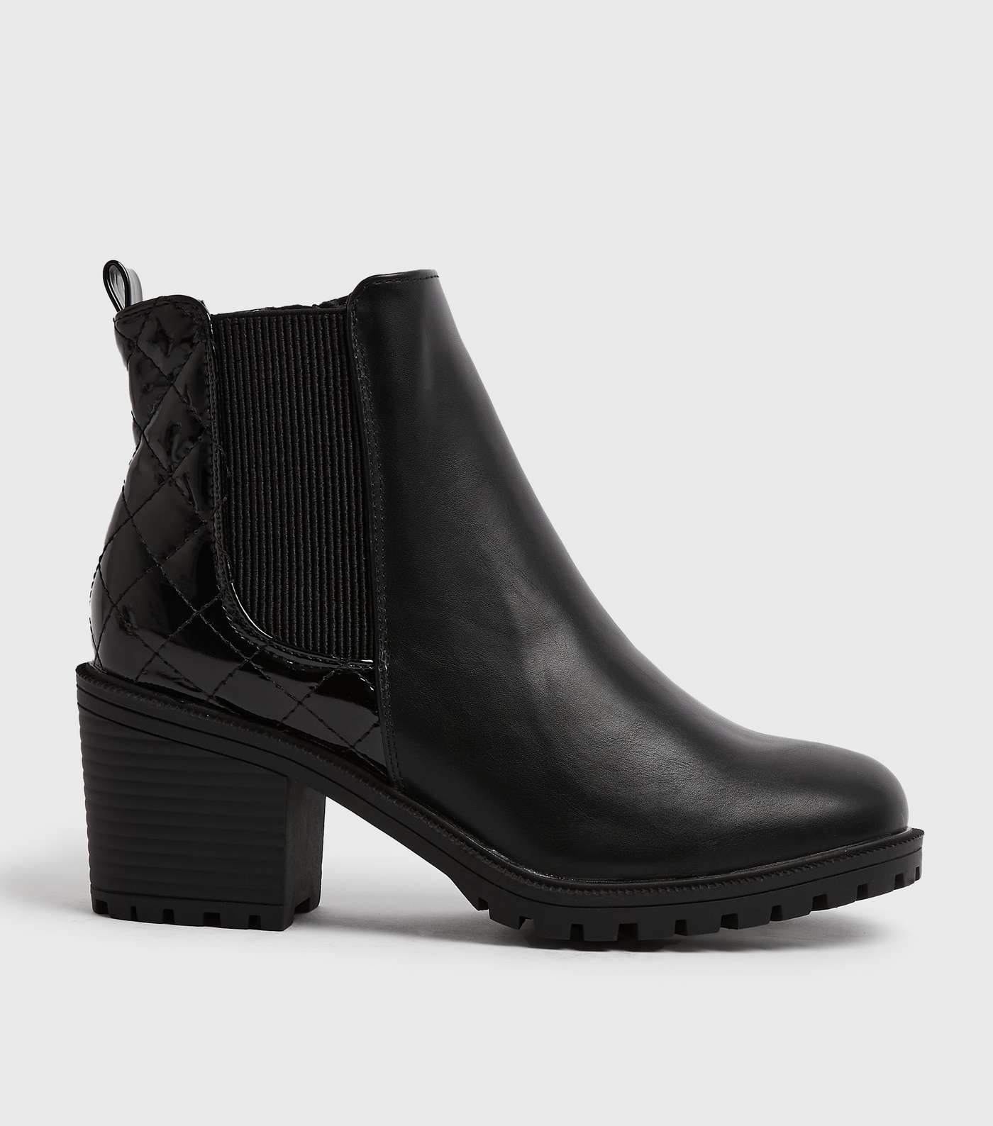 Wide Fit Black Quilted Patent Panel Heeled Boots