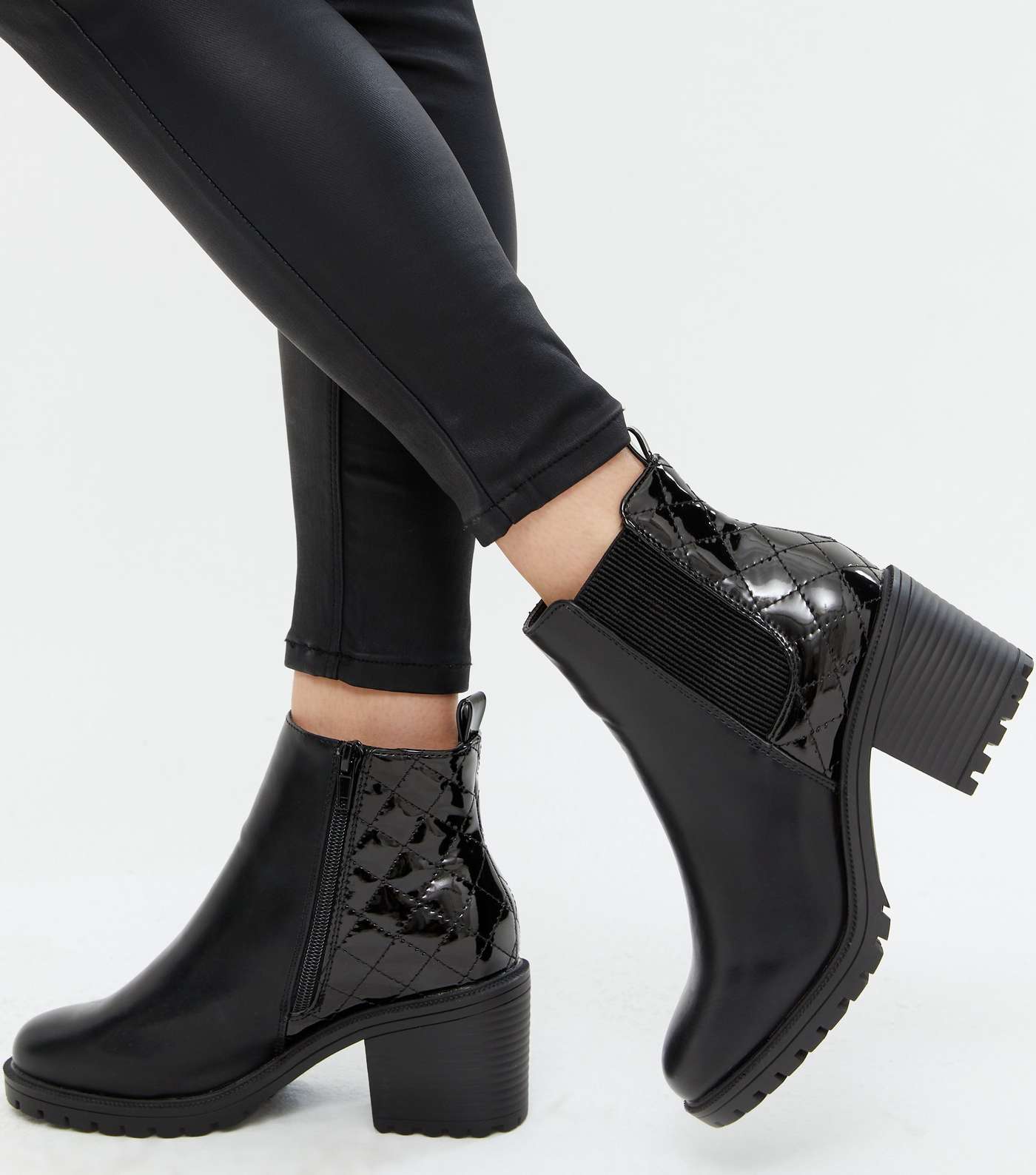 Wide Fit Black Quilted Patent Panel Heeled Boots Image 3