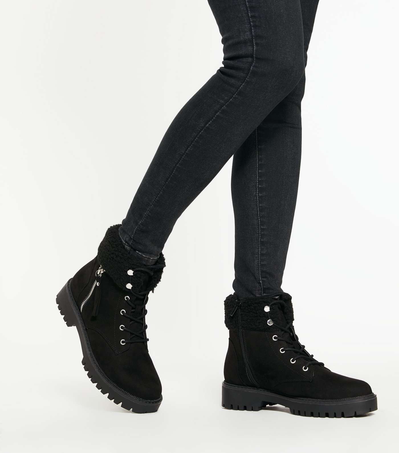 Black Suedette Teddy Trim Chunky Lace Up Boots