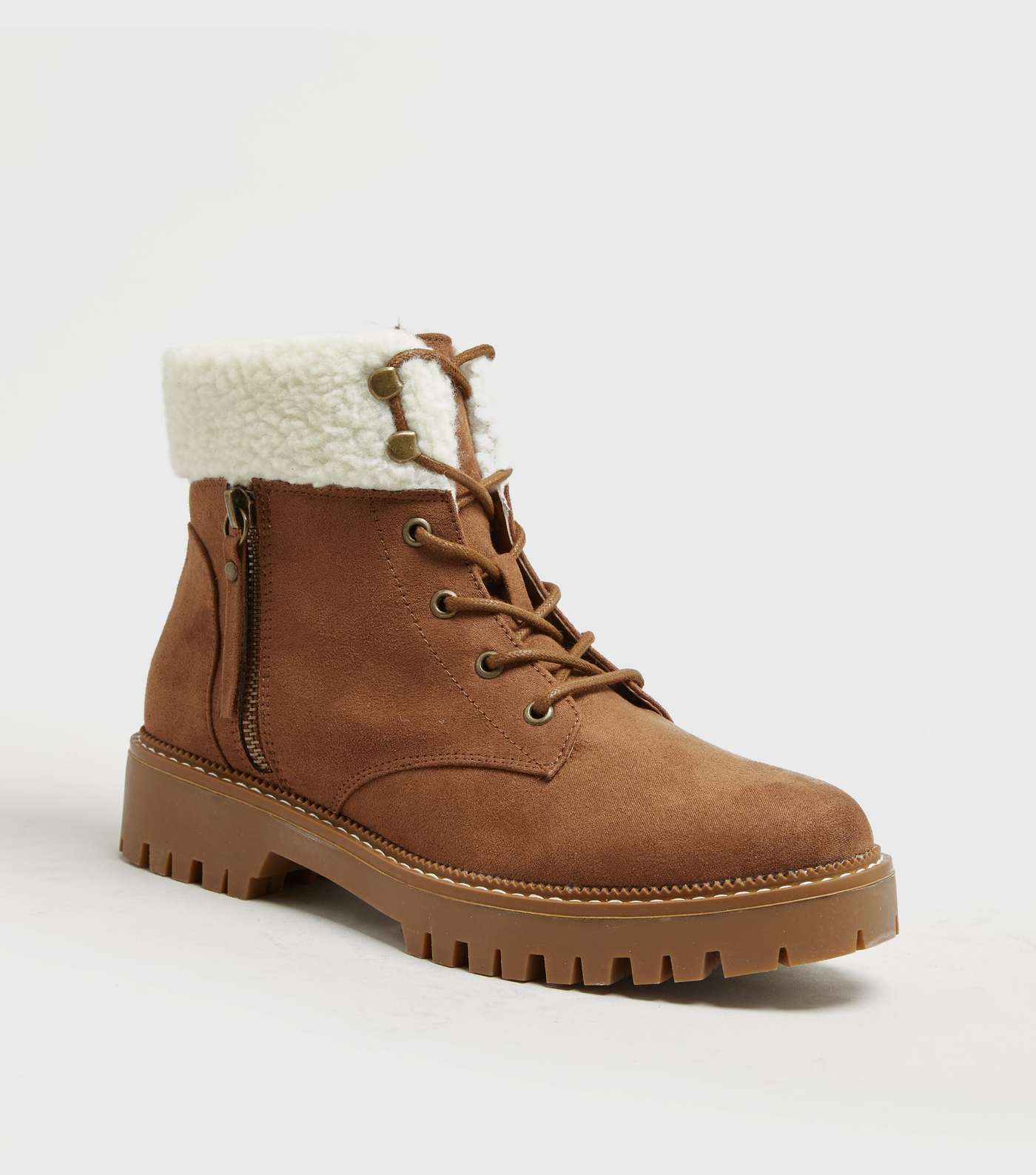 Tan Suedette Teddy Trim Chunky Lace Up Boots Image 2