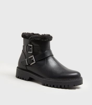 Image of Black Faux Fur Lined Biker Boots New Look