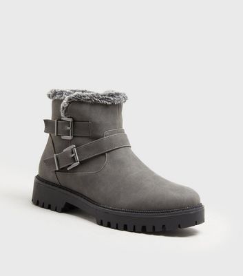 Image of Grey Faux Fur Lined Biker Boots New Look