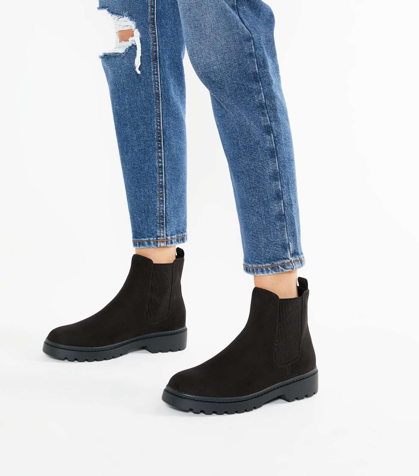 Wide Fit Black Suedette Chunky Chelsea Boots