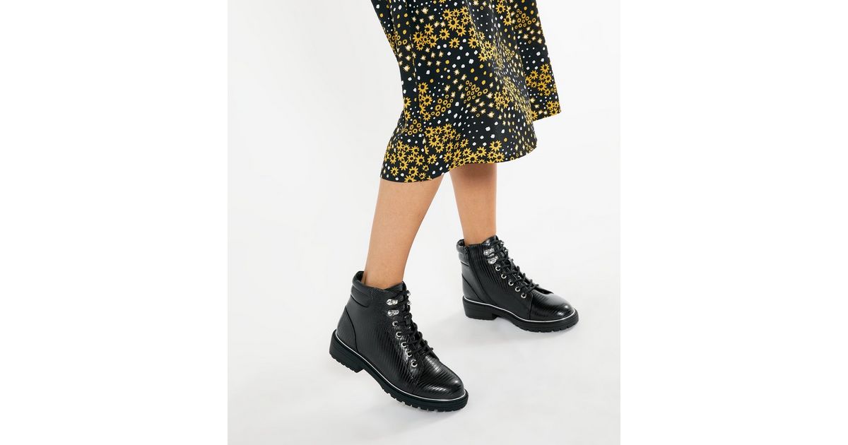 Wide Fit Black Faux Snake Lace Up Boots New Look