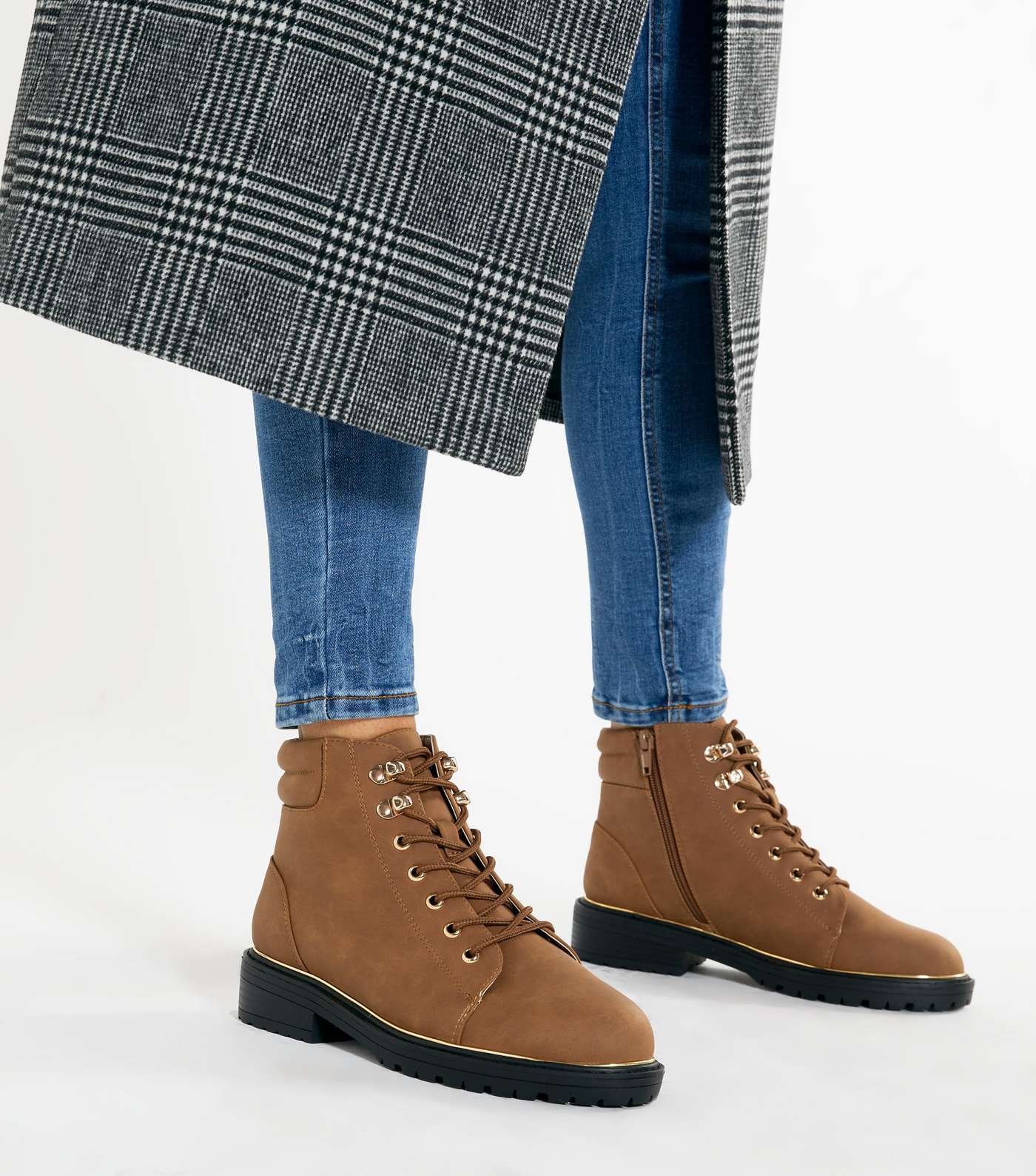 Wide Fit Tan Suedette Piped Lace Up Boots 
