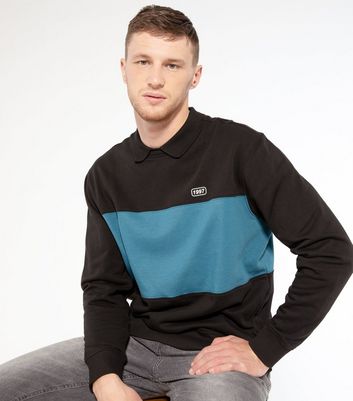 Image of Black Collared Colour Block Logo Sweatshirt New Look