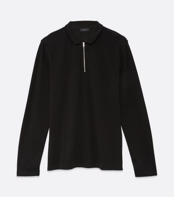 Image of Black Piqué Collared Zip Front Polo Top New Look