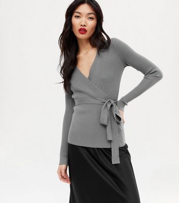 Image of Grey Ribbed Knit Wrap Top New Look