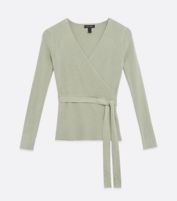 Image of Light Green Ribbed Knit Wrap Top New Look