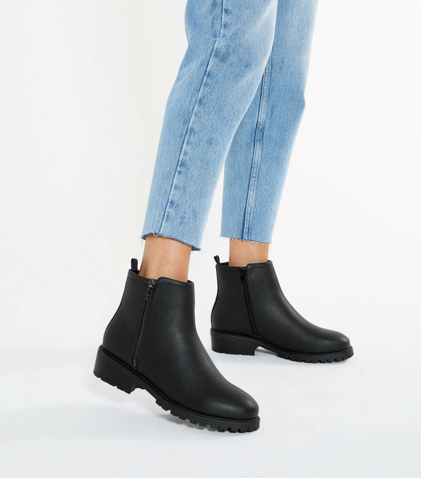 Wide Fit Black Zip Side Chunky Cleated Boots