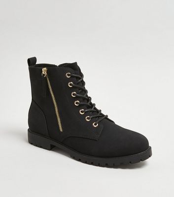 New look wide fit lace up flat hiker boot in black best sale