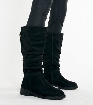 Wide Fit Black Suedette Slouch Knee High Boots | New Look
