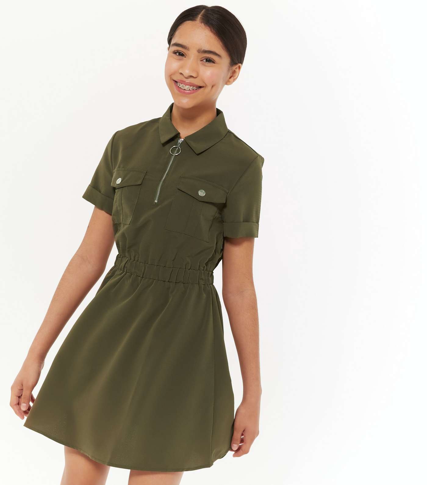 Girls Khaki Ring Zip Utility Pocket Shirt Dress Image 2