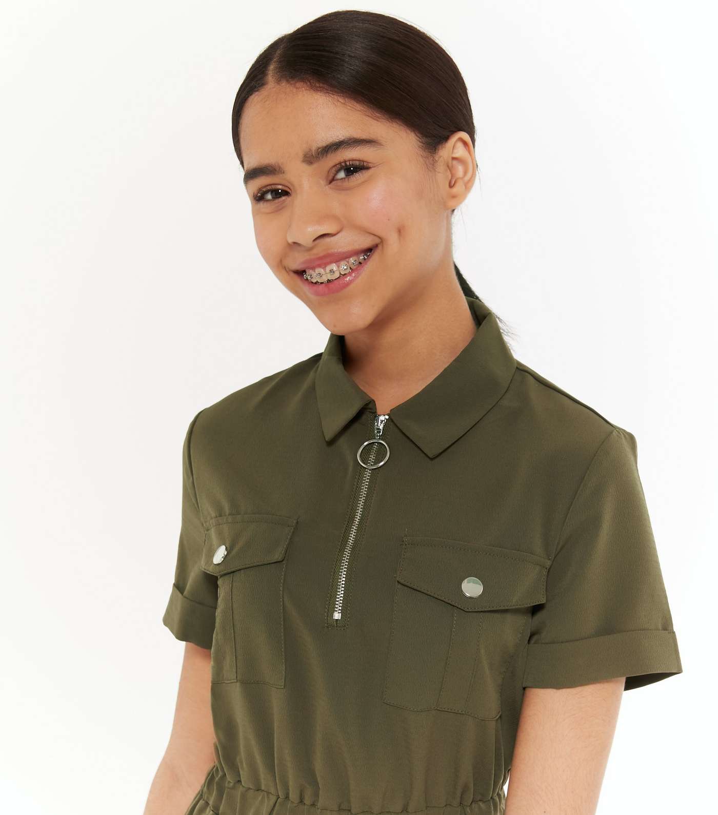 Girls Khaki Ring Zip Utility Pocket Shirt Dress Image 4