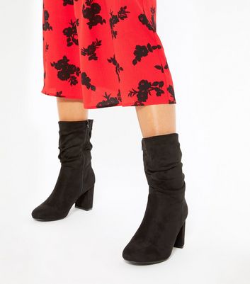 Image of Black Suedette Slouch Calf Block Heel Boots New Look Vegan