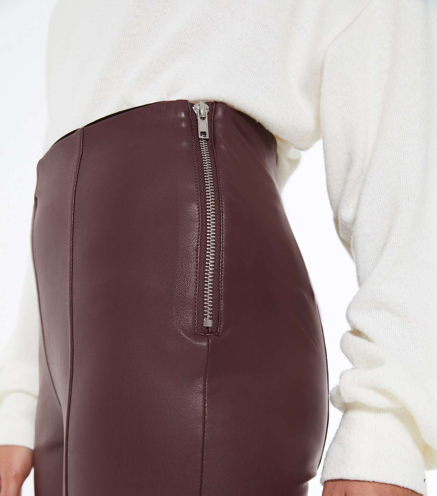 Petite Burgundy Seamed Leather-Look Leggings Image 4