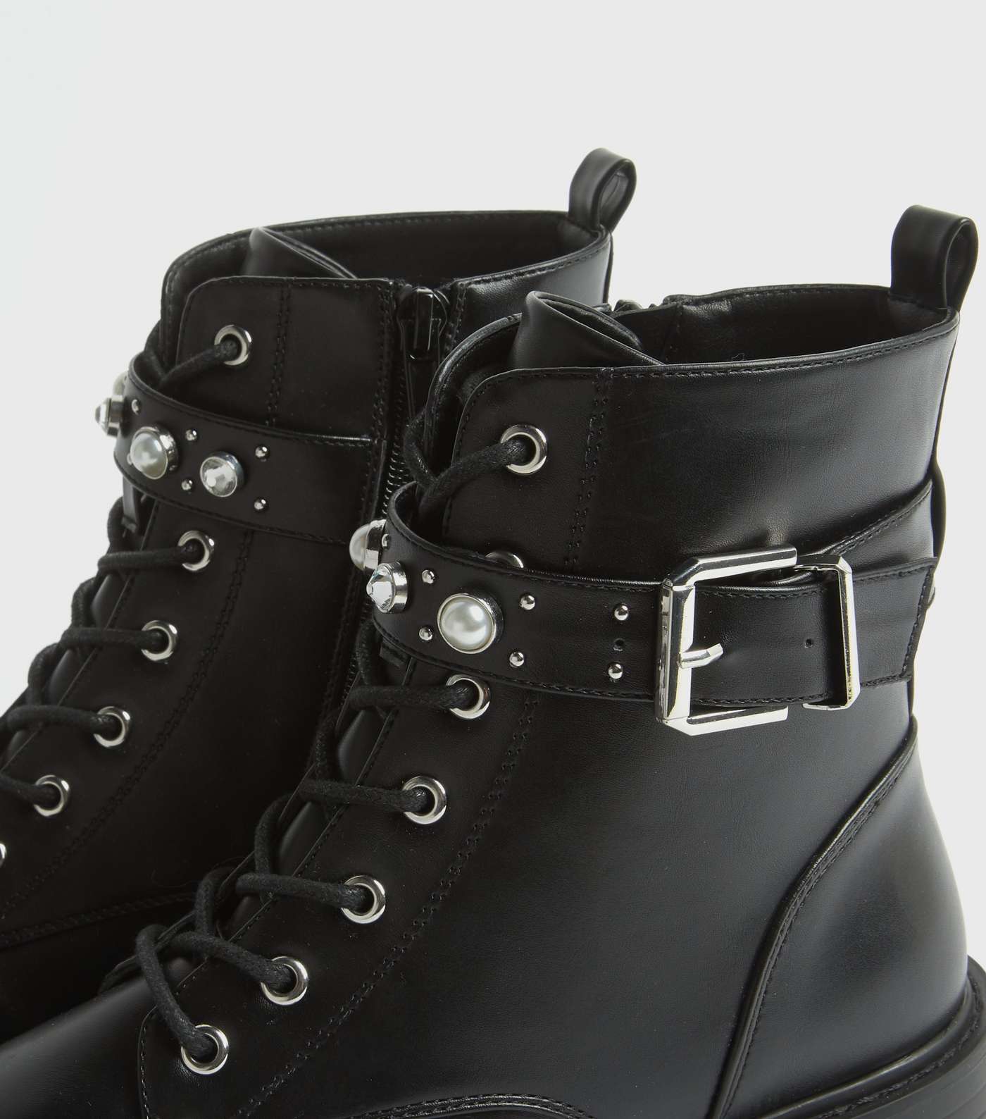 Black Leather-Look Stud Lace Up Ankle Boots  Image 3