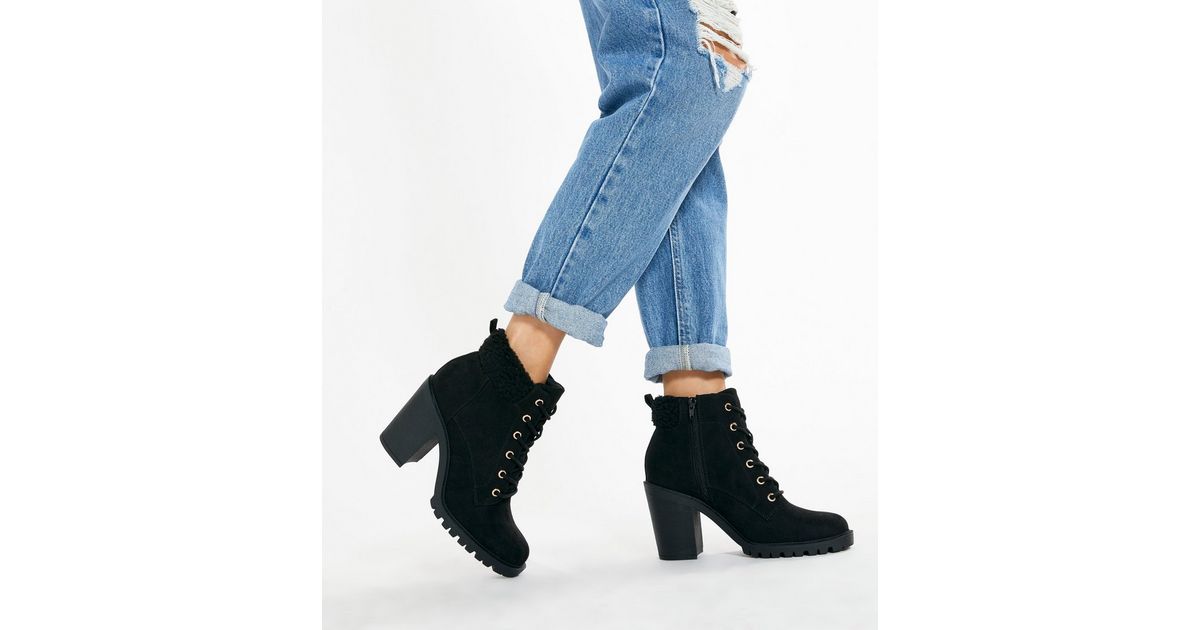 black suedette teddy trim chunky lace up boots
