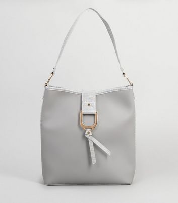 Grey Suedette Faux Croc Trim Bucket Bag New Look