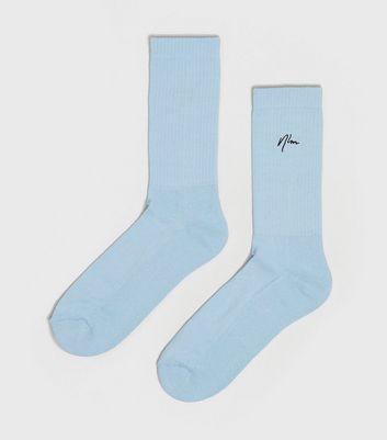 Image of Pale Blue Ribbed NLM Logo Socks New Look