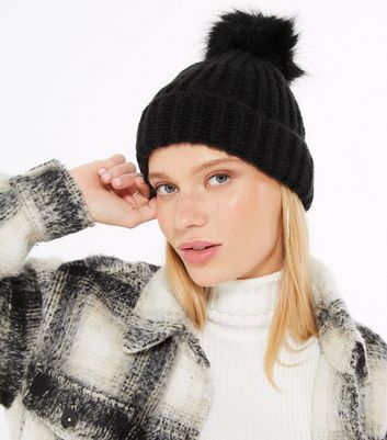 black faux fur bobble hat