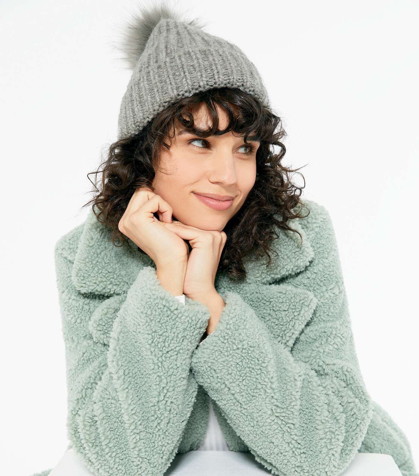 Grey Faux Fur Bobble Ribbed Knit Hat Image 2