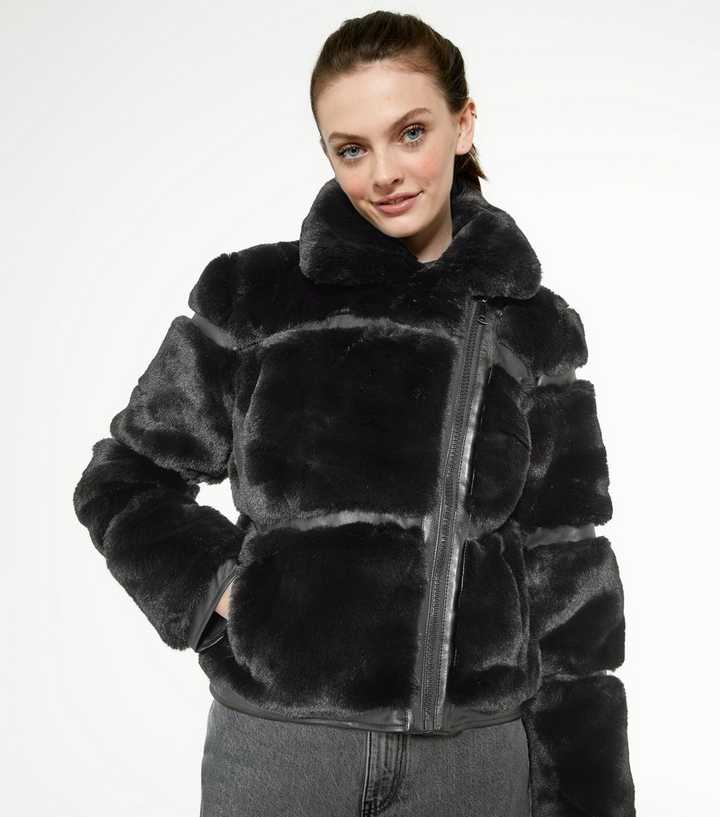 Black Pelted Faux Fur Aviator Coat | New Look