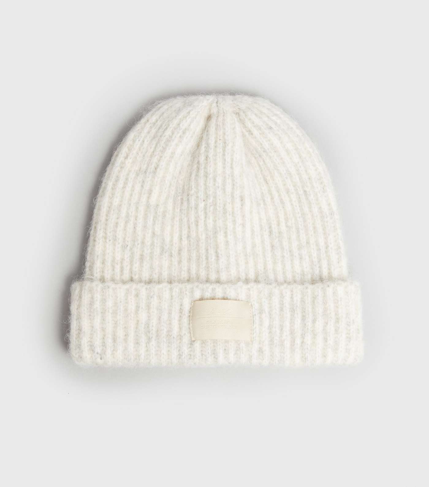 Cream Ribbed Knit Tab Front Beanie 