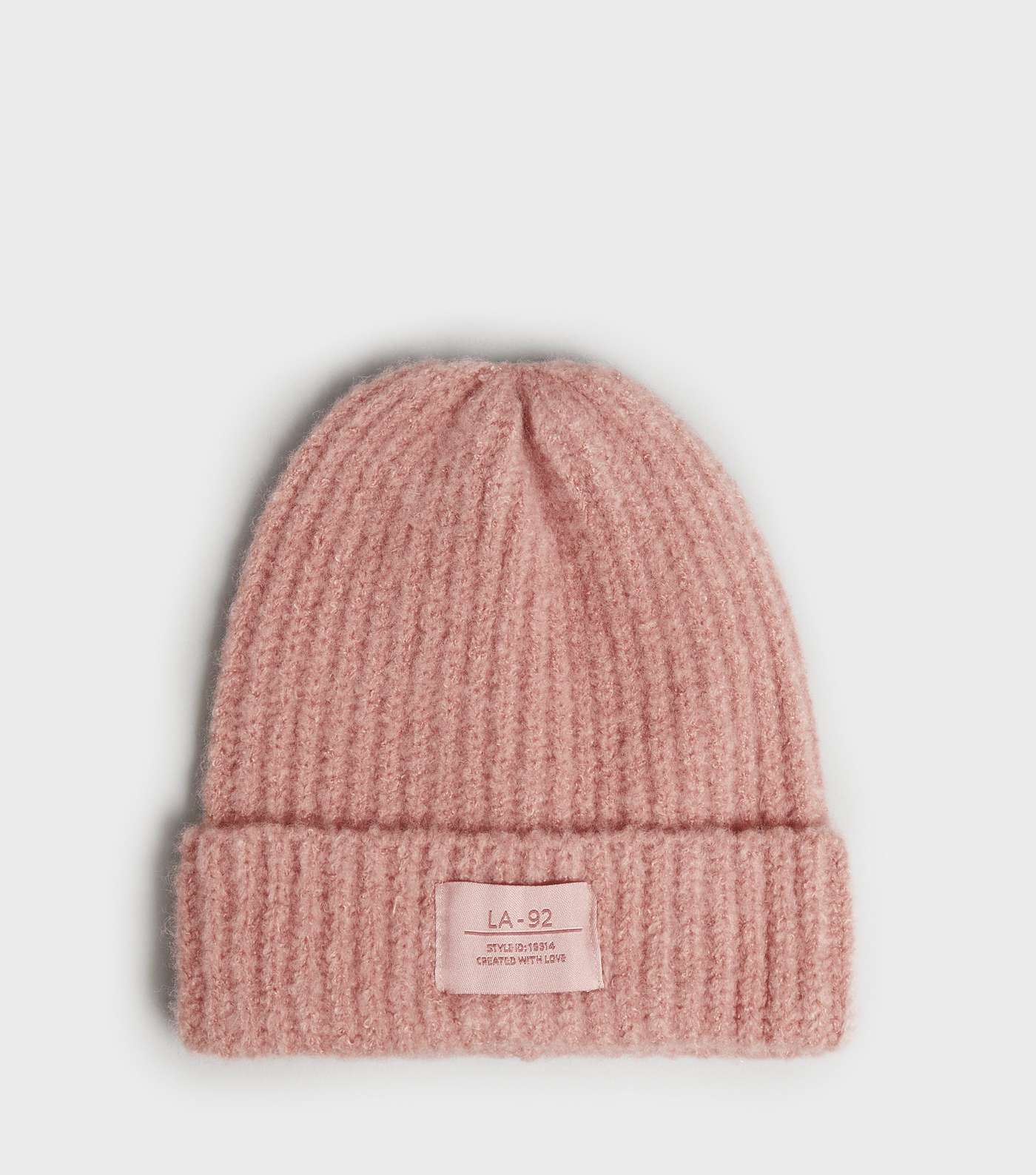 Pink Ribbed Knit Tab Front Beanie 