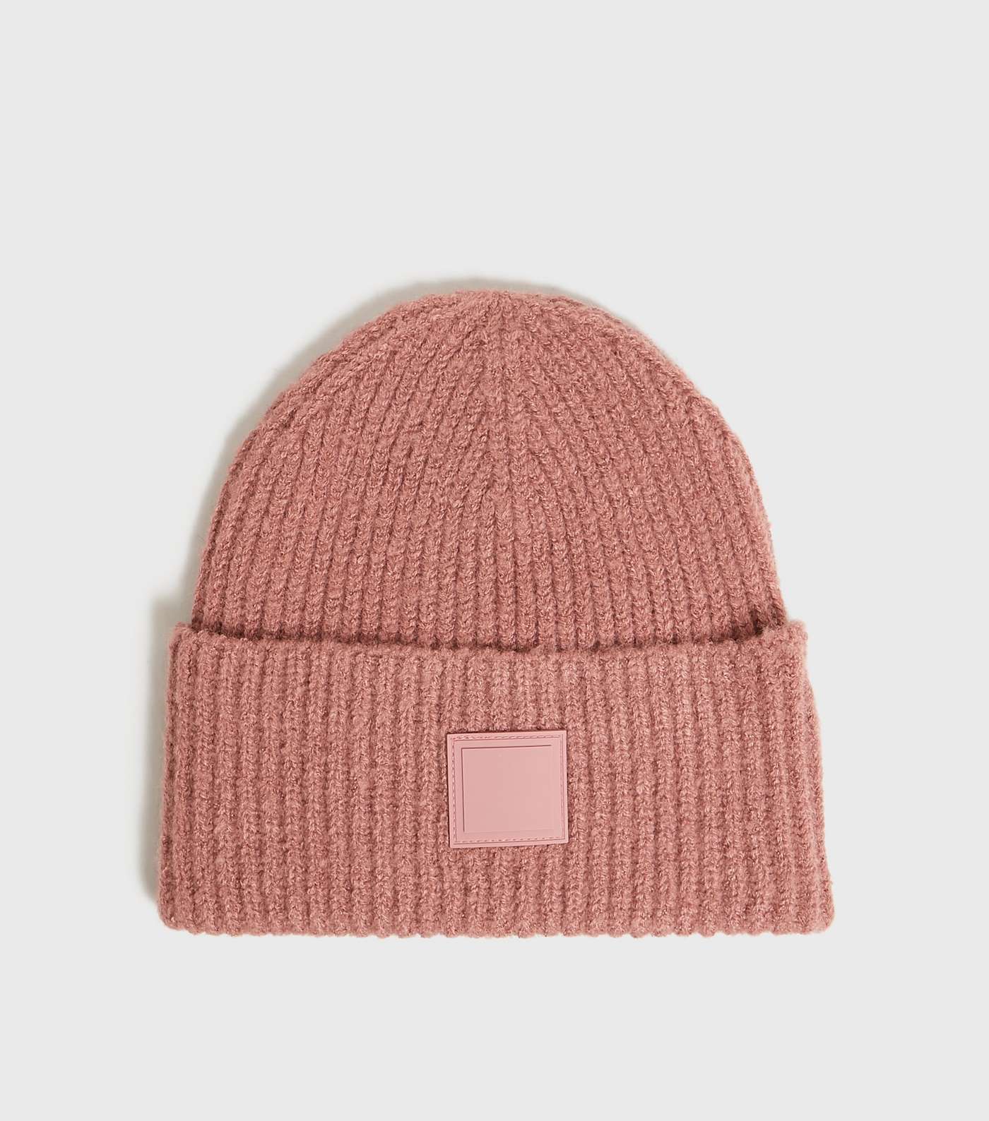 Mid Pink Tab Front Chunky Knit Beanie 