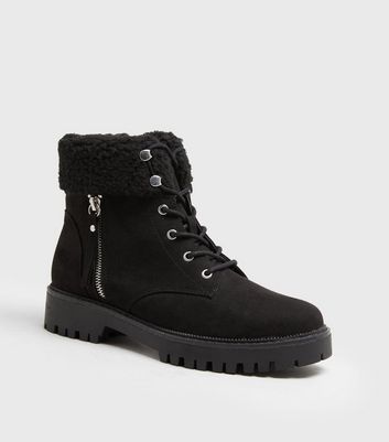 black suedette teddy trim chunky lace up boots