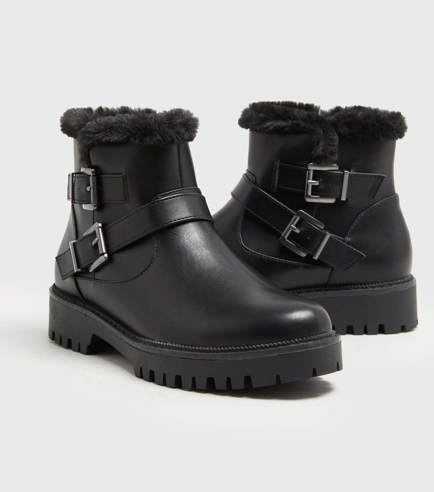 Girls Black Faux Fur Lined Chunky Biker Boots Image 2