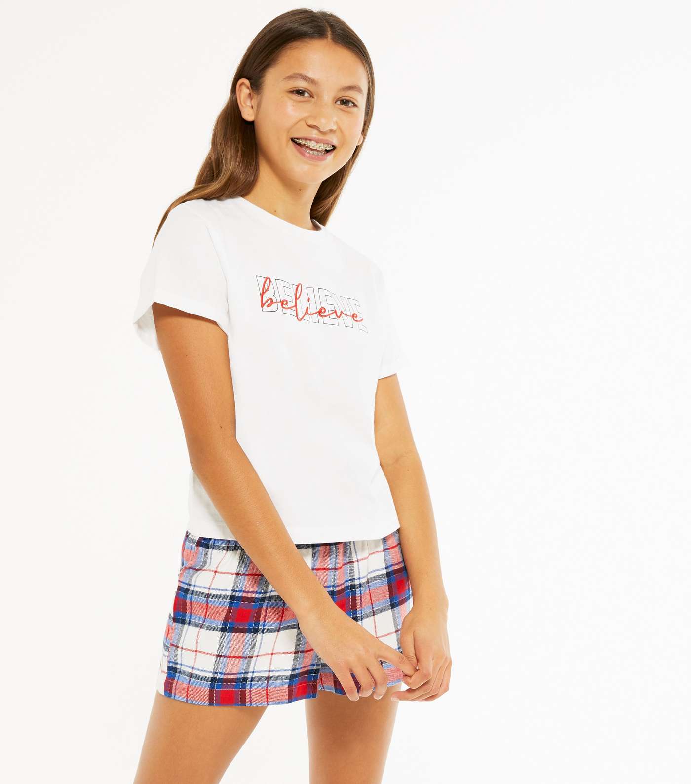Girls White Believe Logo Check Short Pyjama Set