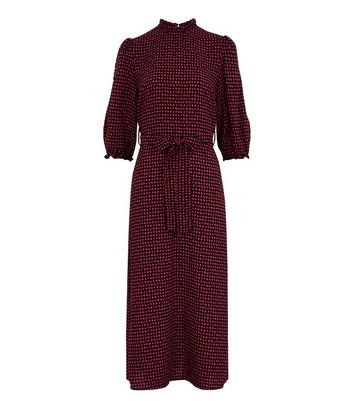 Black Spot Frill Neck Tie Waist Midi Dress | New Look