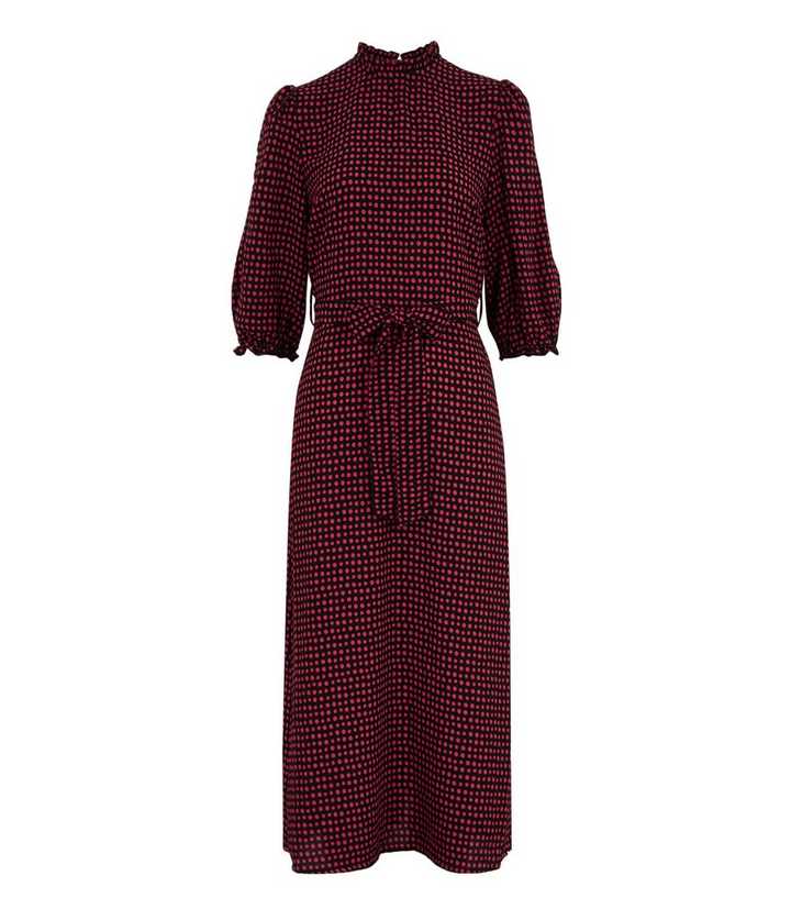 Black Spot Frill Neck Tie Waist Midi Dress