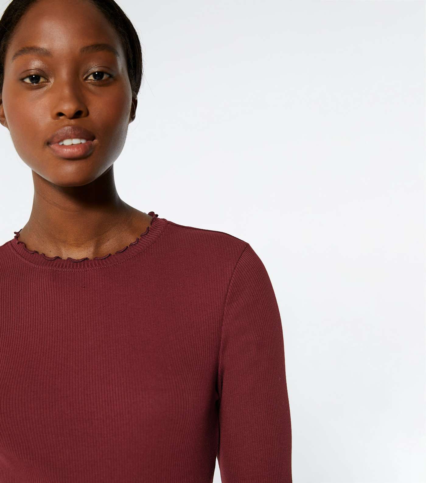 Tall Burgundy Ribbed Frill Trim Long Sleeve Top Image 4