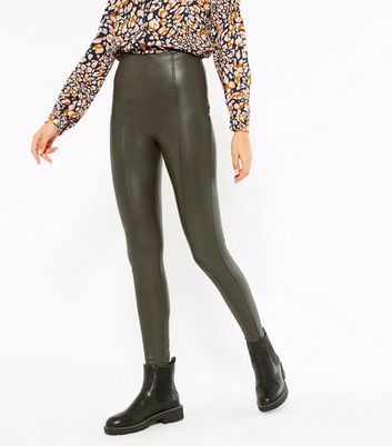 Tall Khaki Leather-Look Zip Leggings 