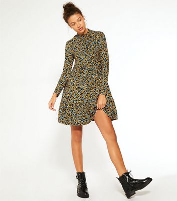 Image of Tall Black Floral High Neck Soft Touch Ruffle Dress New Look