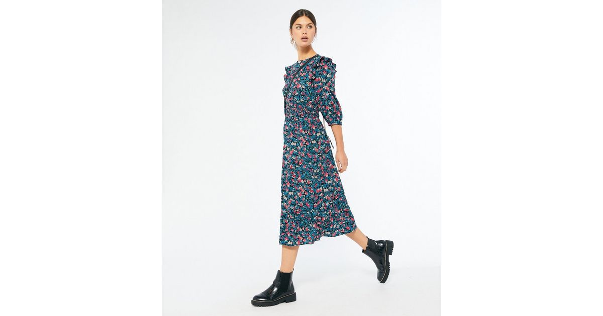 Black Floral Shirred Waist Ruffle Shoulder Midi Dress | New Look