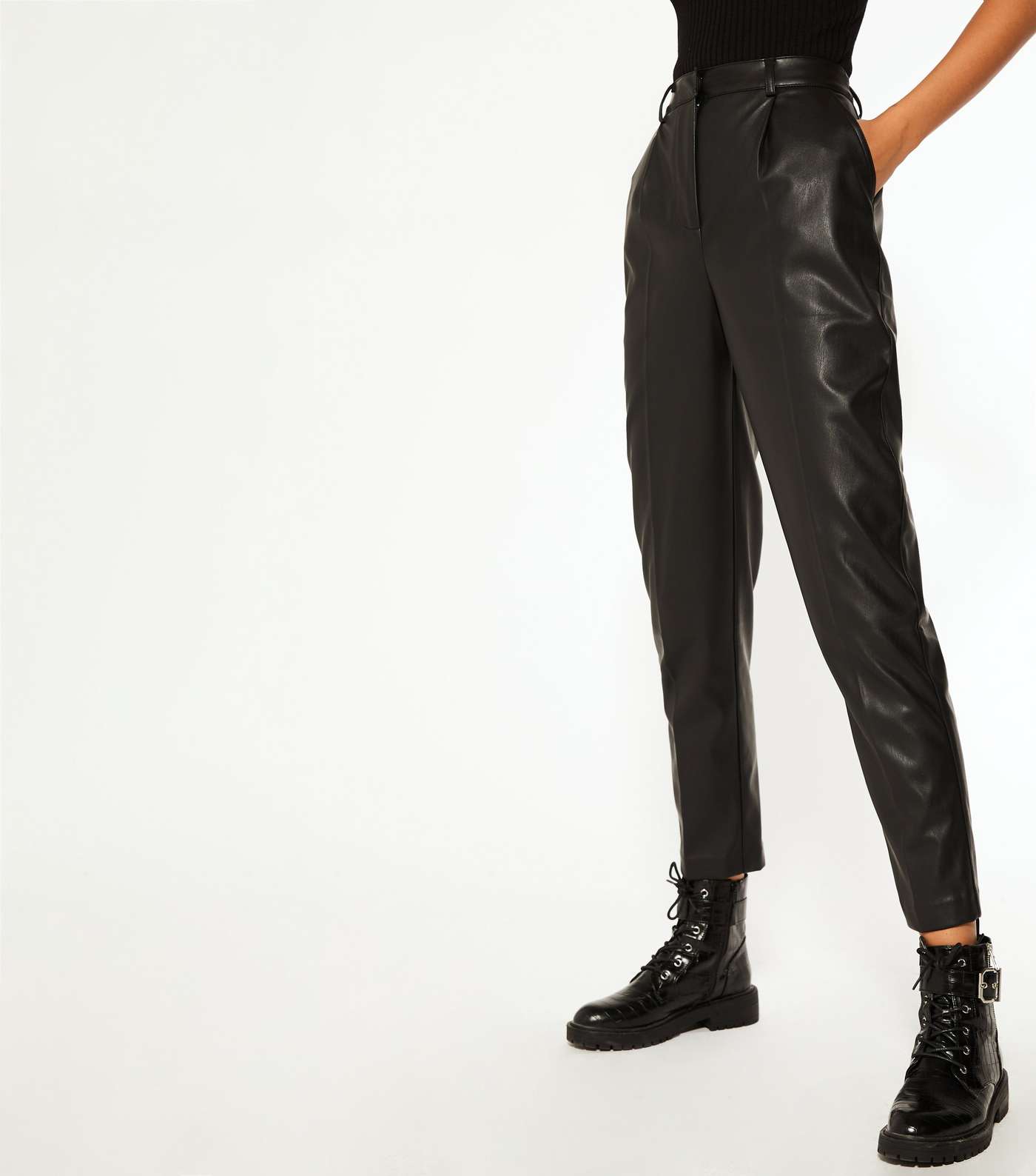 Tall Black Leather-Look Tapered Trousers Image 2