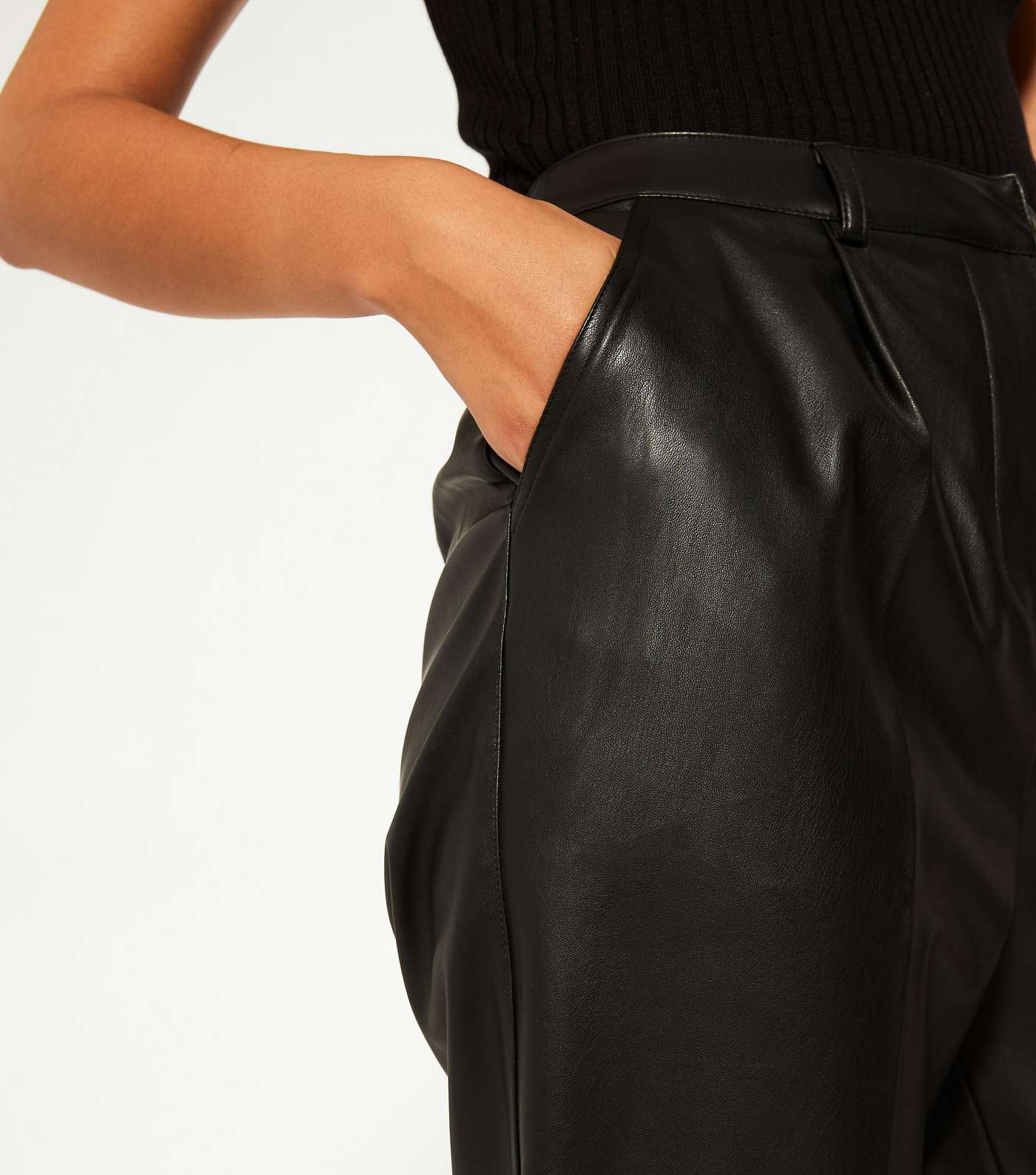 Tall Black Leather-Look Tapered Trousers Image 4