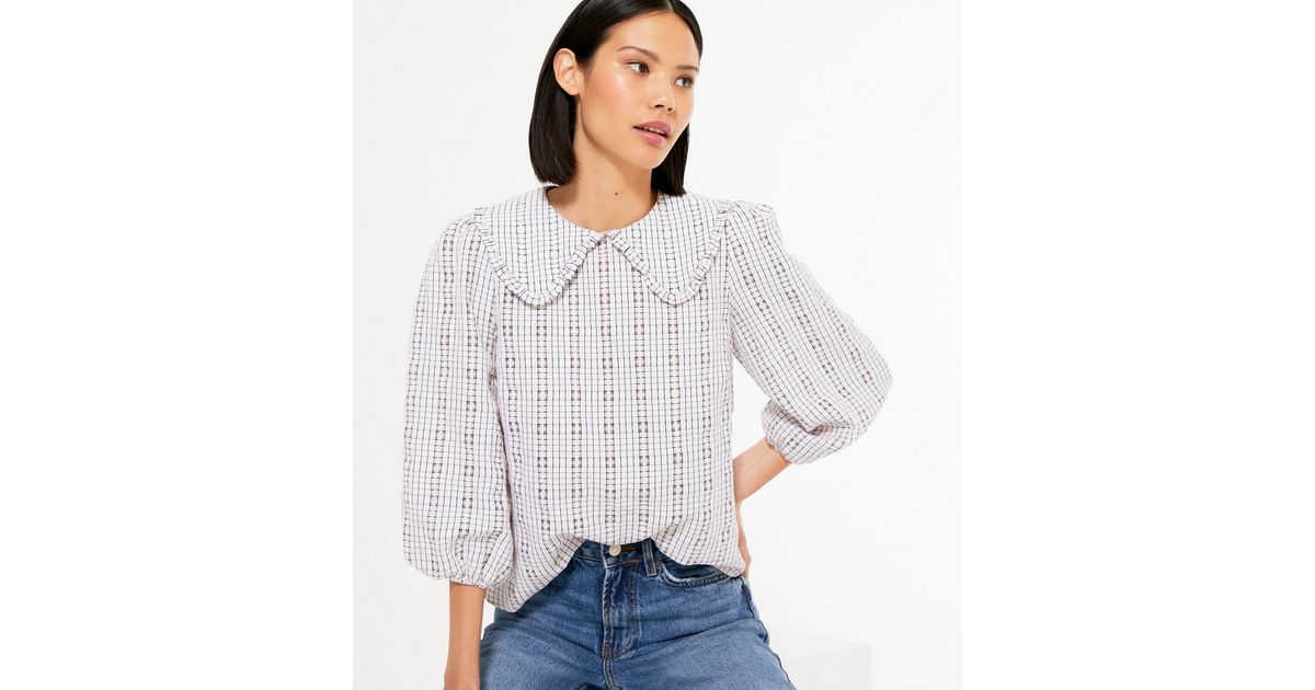 Off White Check Frill Collar Blouse | New Look