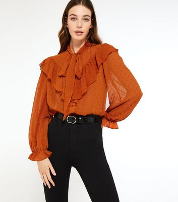 Rust Tie Neck Chiffon Spot Blouse | New Look