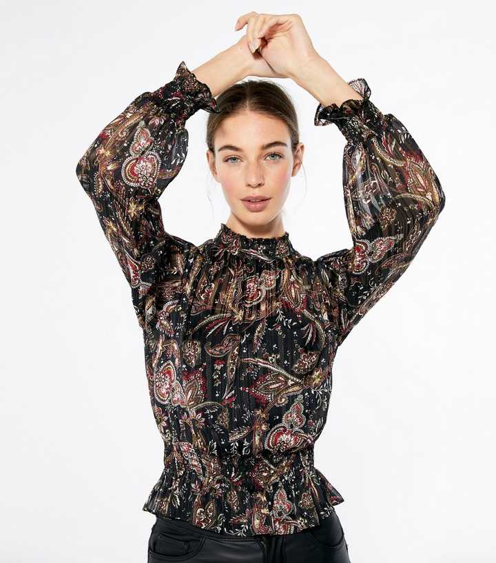Black Paisley Metallic Stripe Shirred Blouse